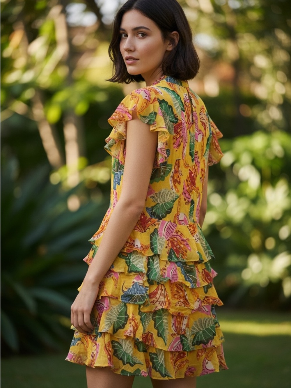 FARM Rio Yellow Tropical Leaf Tiered Ruffle Midi Dress - Picture 2 of 4